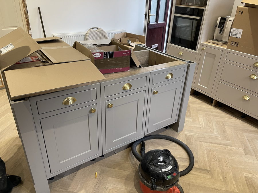 A shaker island dry-fitted in place, before the quartz was templated