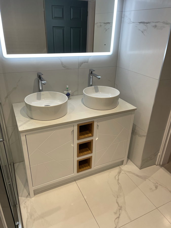 Round counter basins over an open oak cubby stack