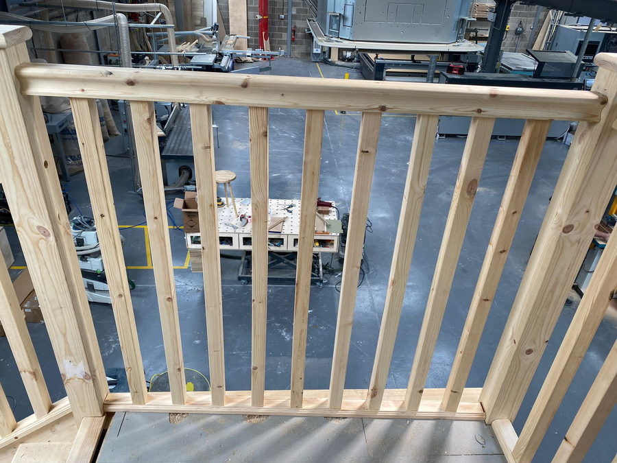 A staircase balustrade built up and checked before it goes to site