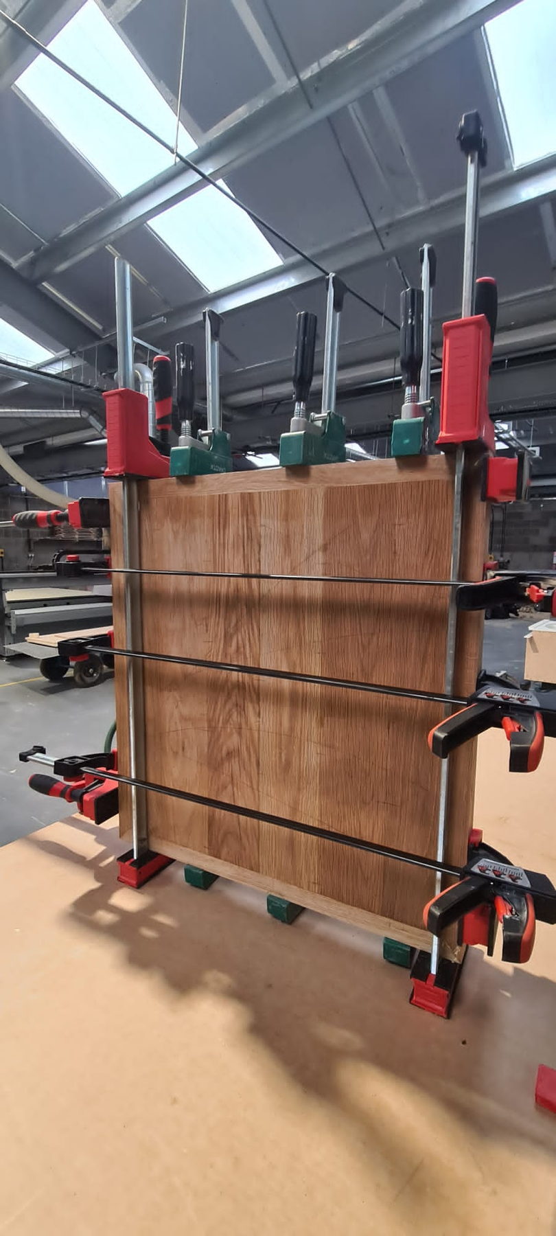 A solid oak panel glued up in sash clamps